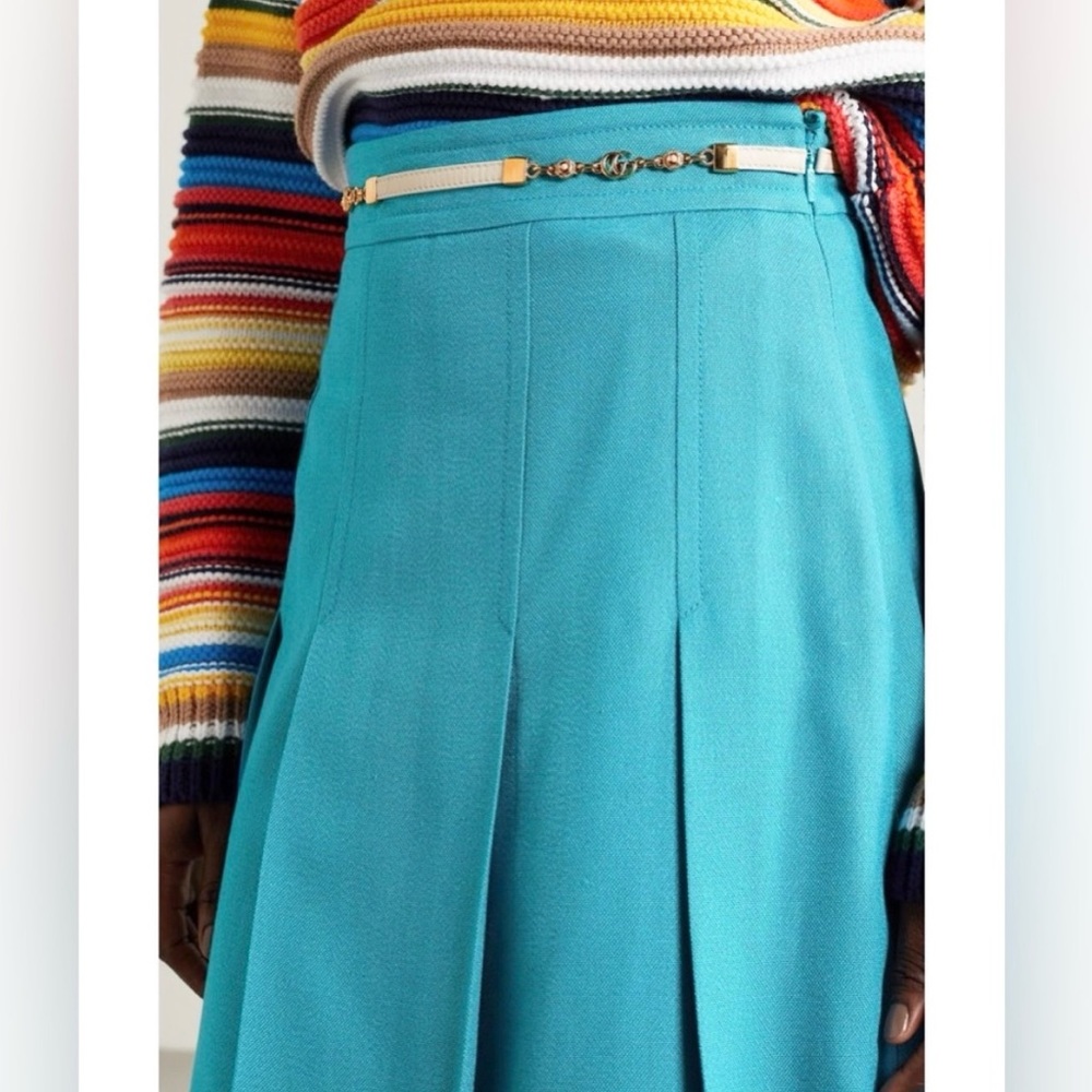 Gucci Turquoise Viscose Linen Pleated Midi Skirt with White Leather Gold GG Belt - Picture 6 of 11